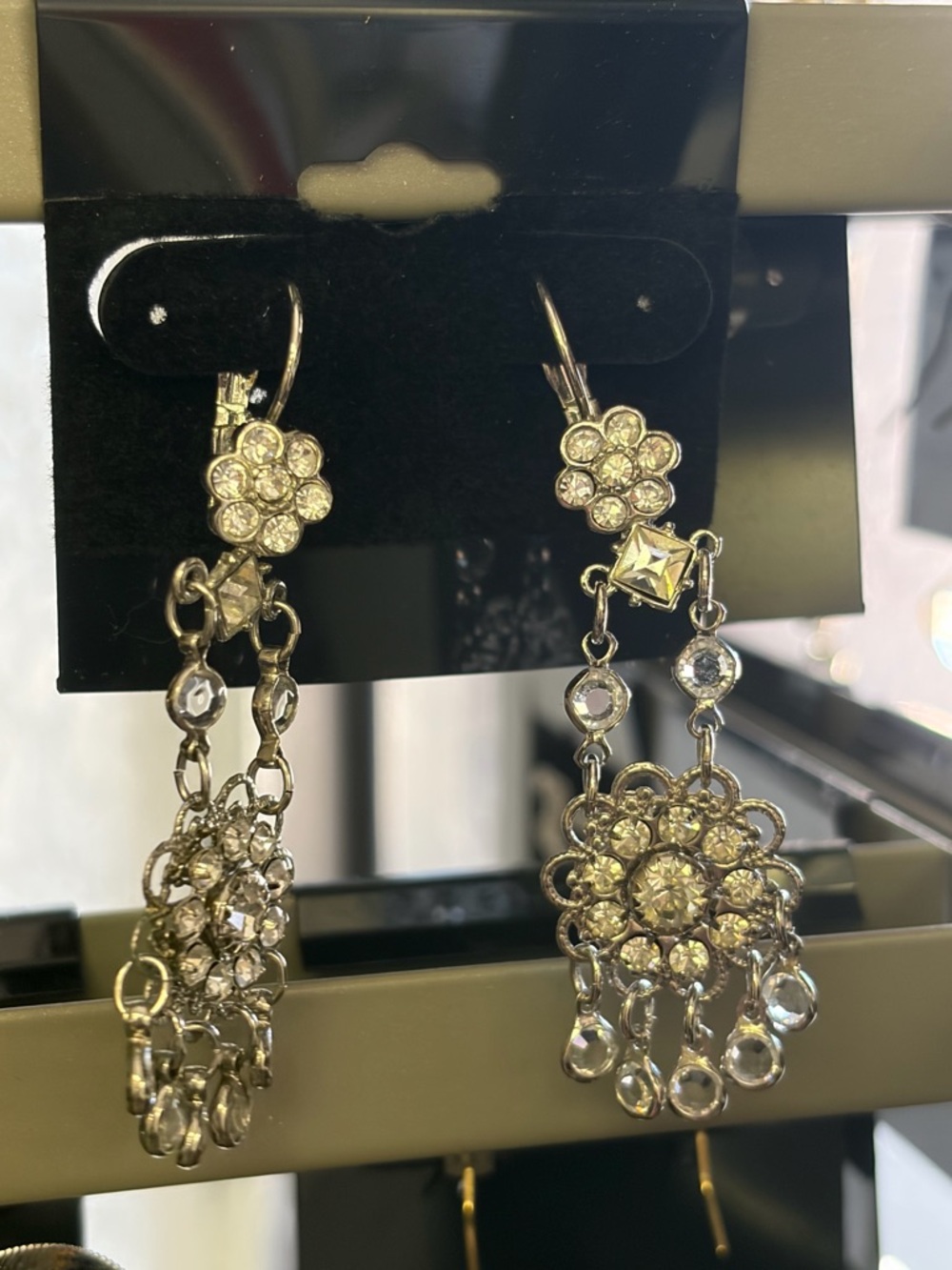 Vintage Crystal Floral Drop Earrings - Silver Tone